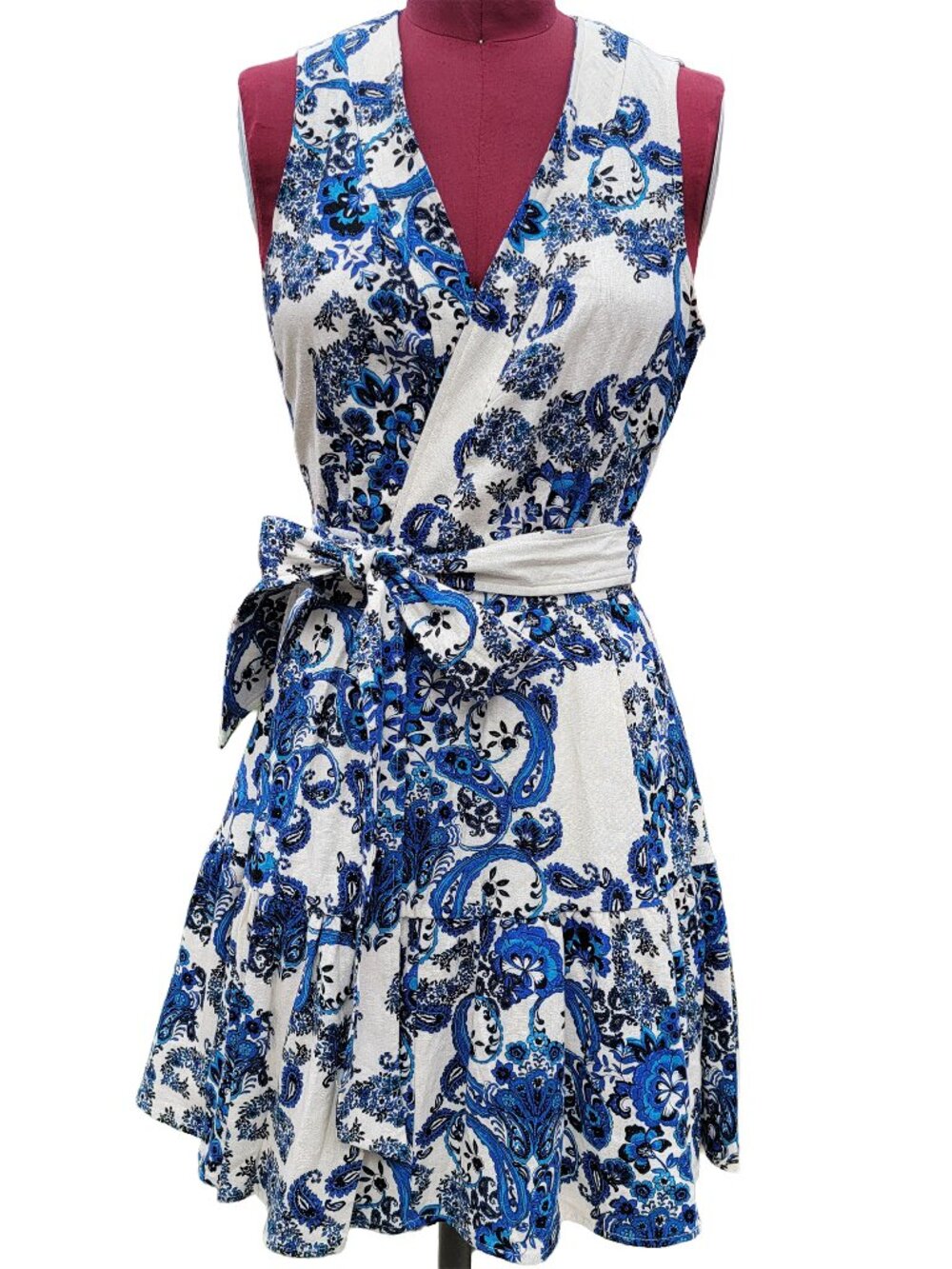 Christian Lacroix Wrap Dress Blue Paisley Floral Linen Short Sleeveless Small